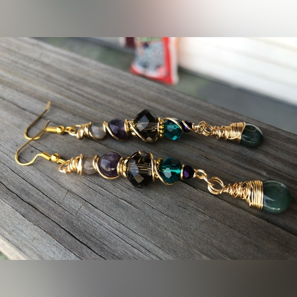 Handmade Celtic Moonstone Amethyst Gemstone Beaded Dangle Earrings - Picture 10 of 12